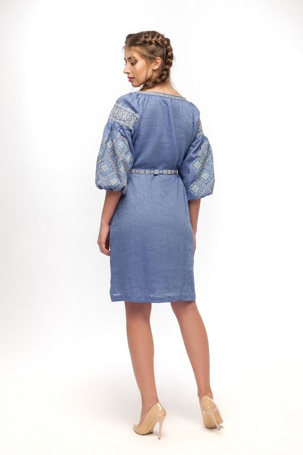 Linen Midi Embroidered Dress in Pale-blue Color, L