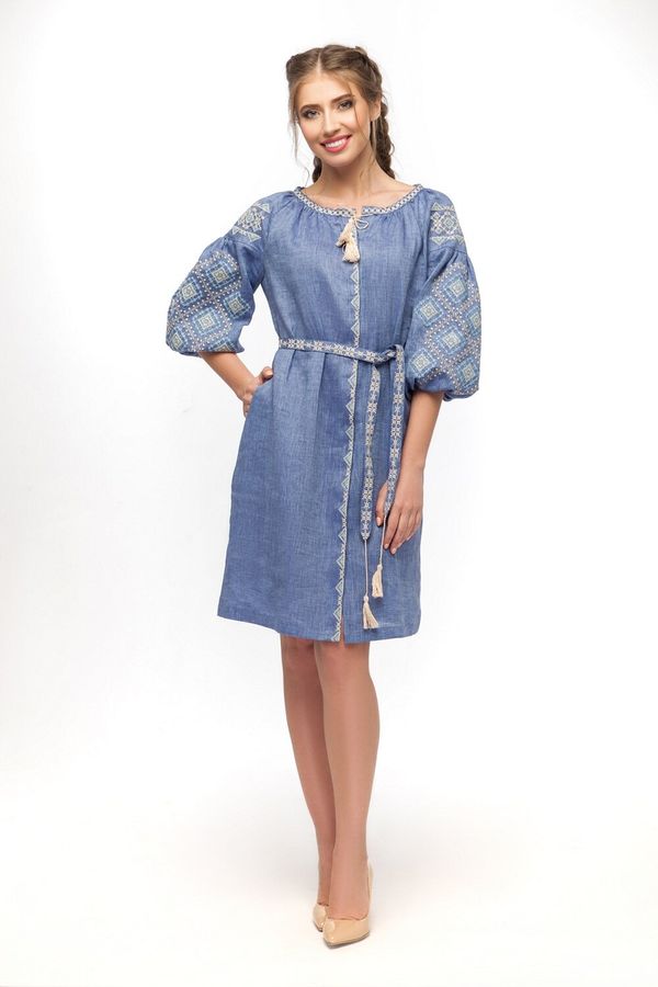 Linen Midi Embroidered Dress in Pale-blue Color, S