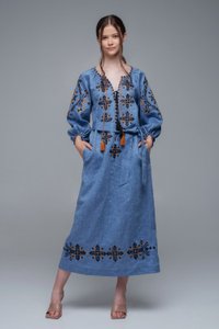 Long Blue Embroidered Dress for Women, XS