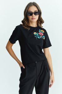 Women's Black T-Shirt with Coloured Flowers, XS