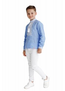 Embroidered shirt for boy, blue linen with white embroidery, 140