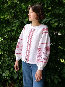 Women's White Linen Shirt with Red Embroidery, 44